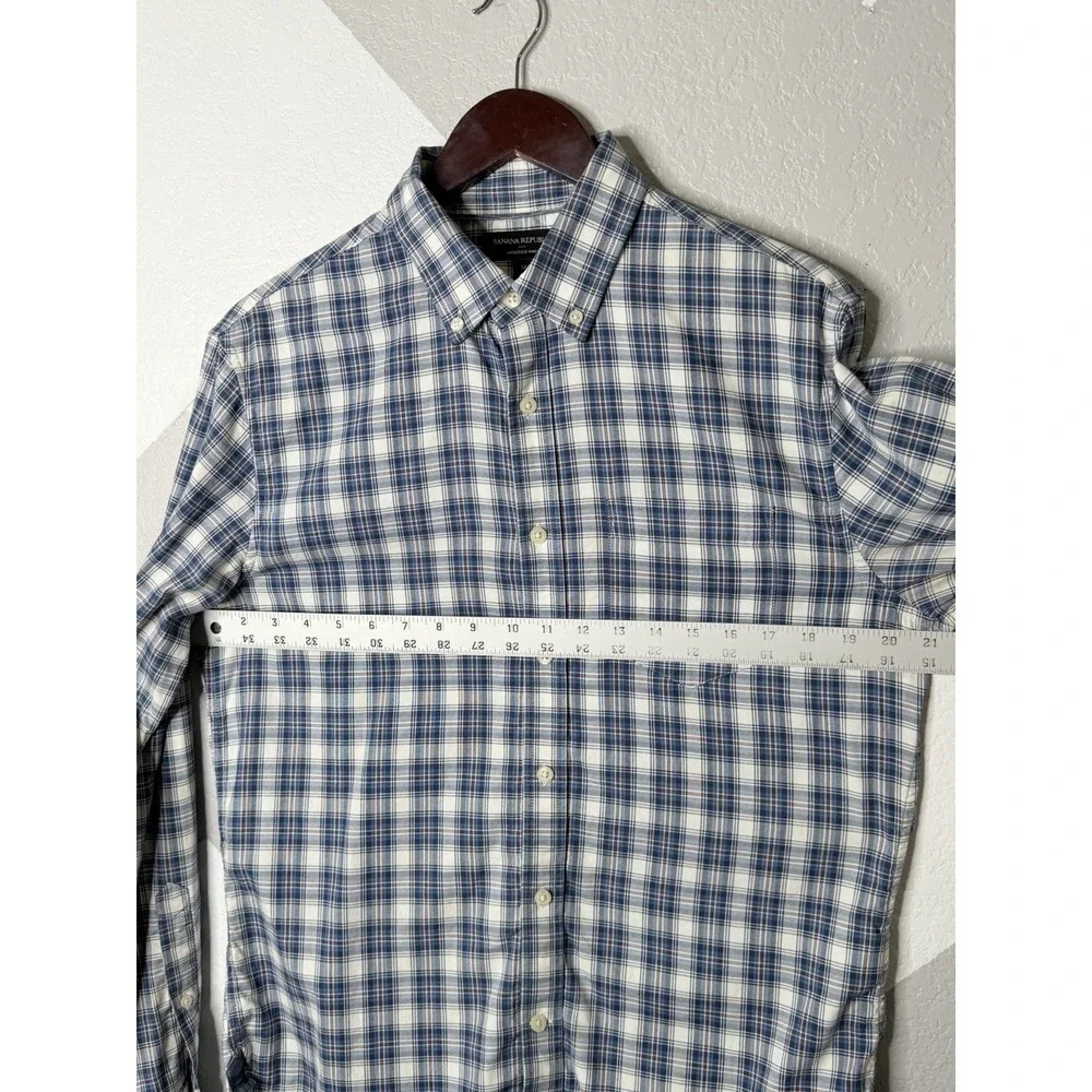 Banana Republic Mens Medium Untucked Shirt Blue Plaid Button Front 100% Cotton